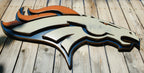 Denver Broncos modern logo displayed on a wooden fence