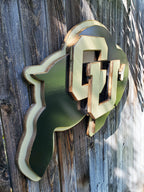 Wooden CU Buffs logo hanging on a wooden fence