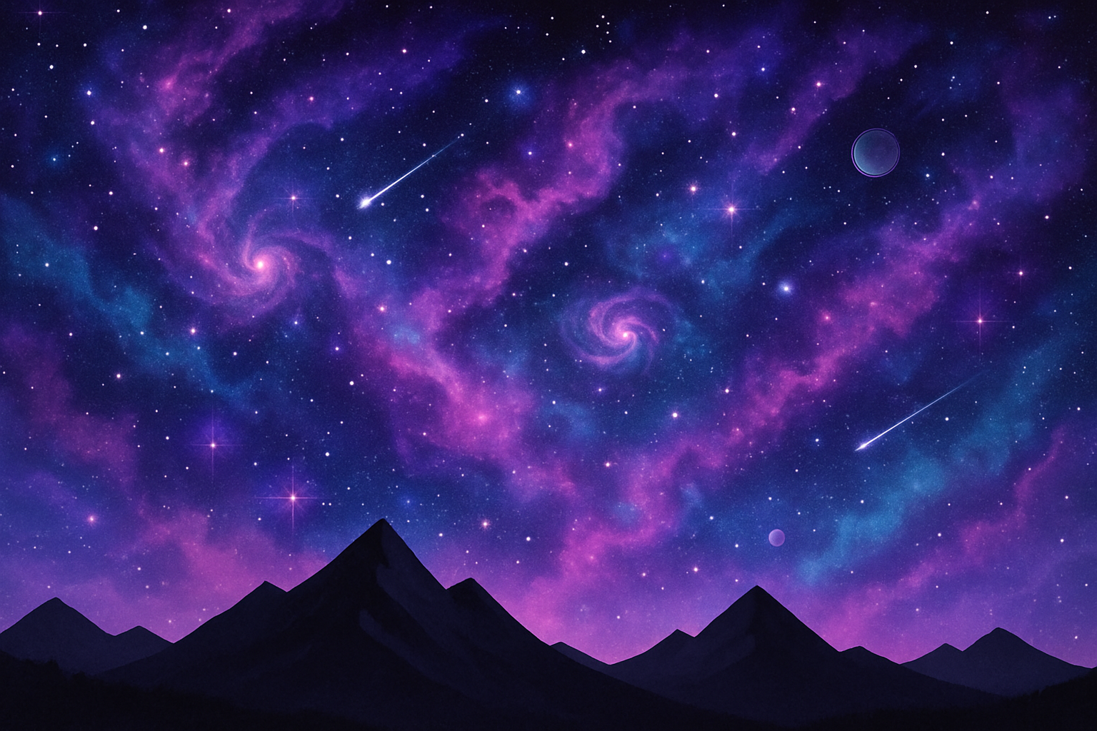 a cosmic spacey starry background that is mystical and colorful with two dimensional mountains profiled at the bottom